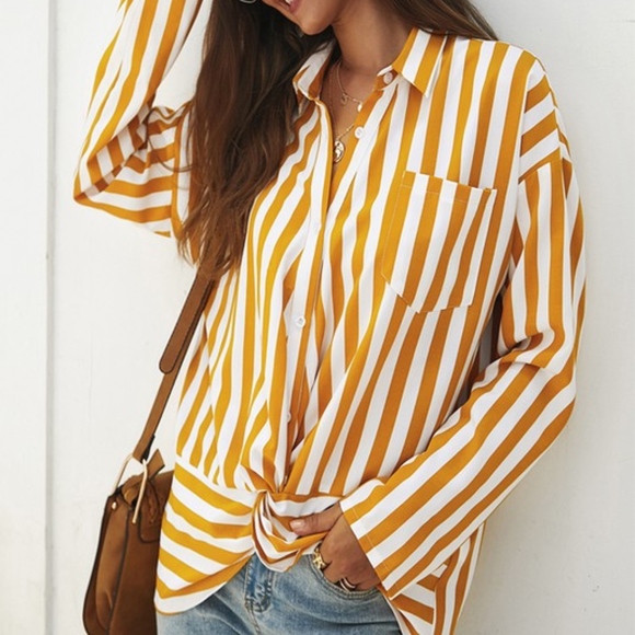Trindy Clozet Boutique Tops - Amelia Button Down Mustard and White Blouse